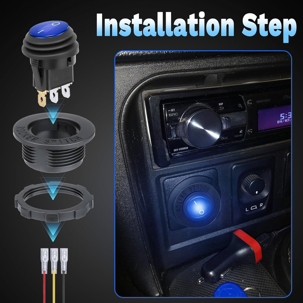 Round Rocker Switch, Toggle Switch 12V, Waterproof Lighted LED On/Off Switch for
