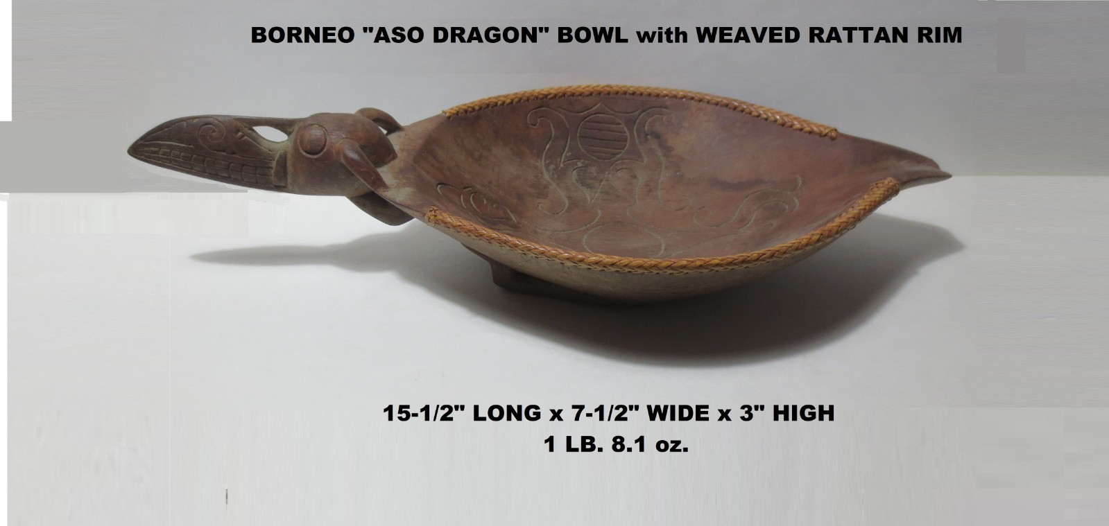 RARE! ANTIQUE! c1900 BORNEO "ASO DRAGON" CARVED WOOD BOWL w WEAVED RATTAN RIM