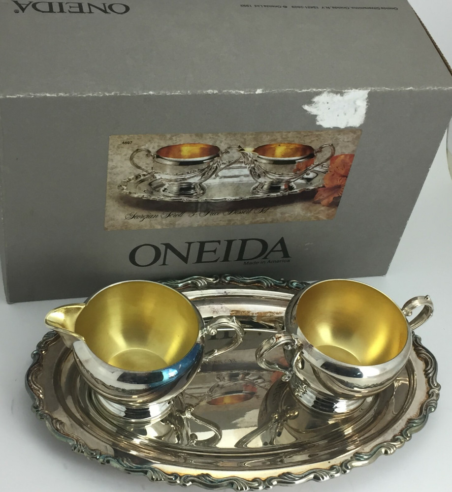 Oneida Silverplate Creamer Sugar Tray Georgian Scroll 3 Piece Set 1992