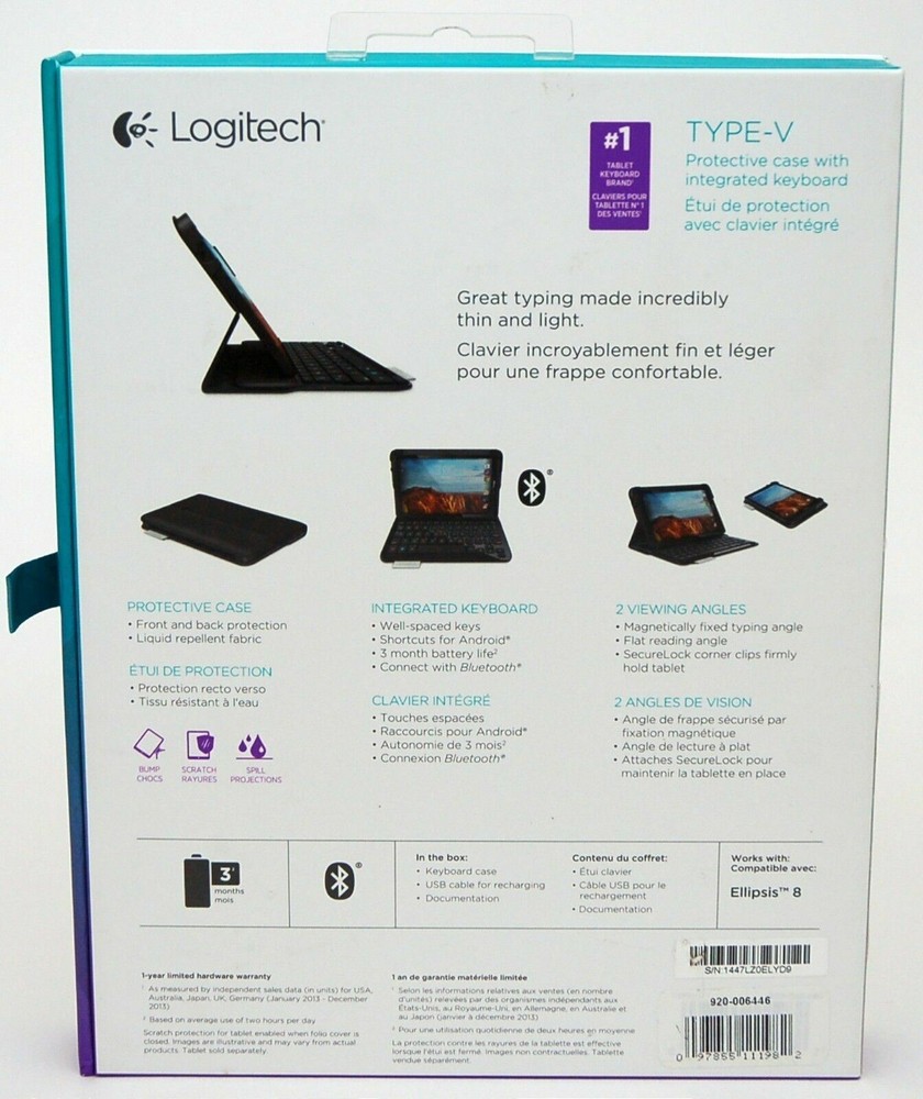 Logitech Type-V Ellipsis 8 Black Keyboard Folio Bluetooth Case Stand Ultra-Slim