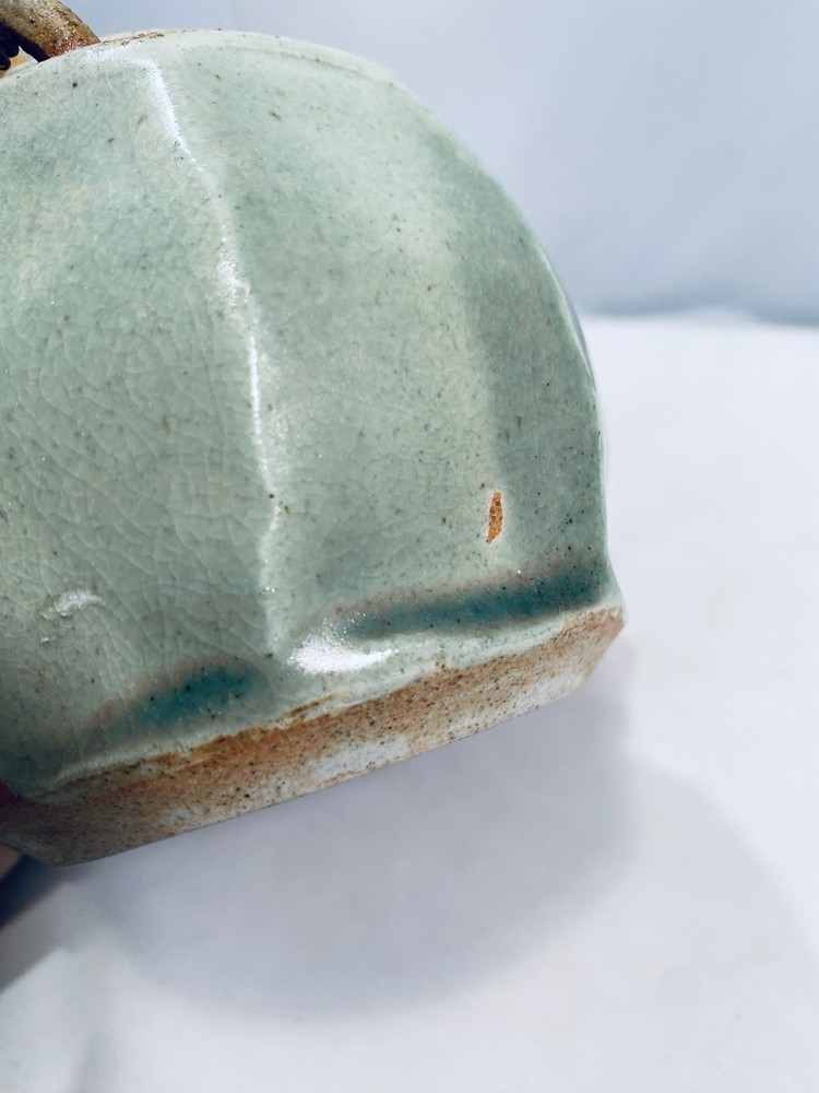 Studio Pottery Celadon Teapot Small Ceramic Rattan Wrapped Handle