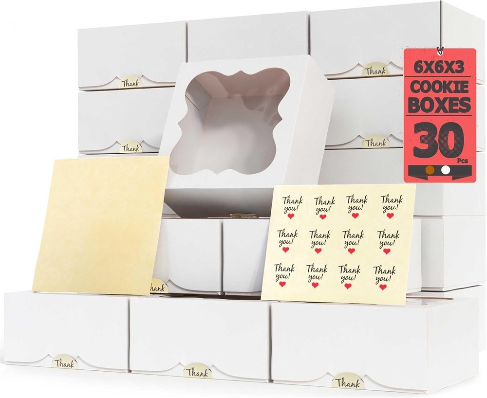30 Pack 6x6x3 Bakery Boxes with Window – Small Cookie Boxes for Gift Giving –...