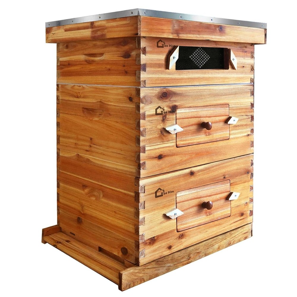 3 Layer Beekeeping Starter Hive 2 Deep 1 Medium 10 Frame Cedarwood Kit w/ Window