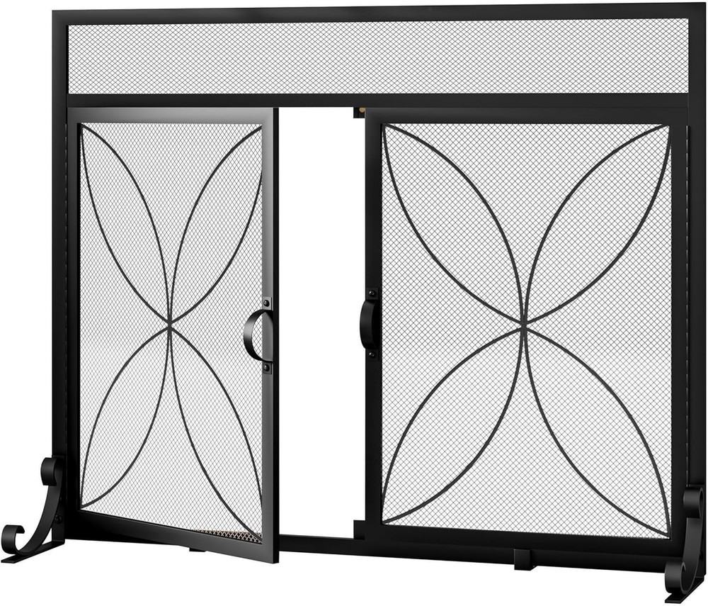 Fireplace Screen W/ Magnetic Doors,Handcrafted Wrought Iron Classical Scroll