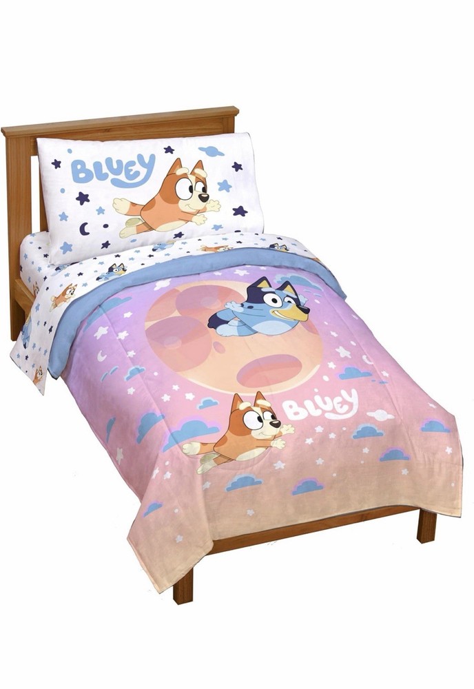 Bluey & Bingo 4-Piece Super Soft Toddler Bed Set - Microfiber Comforter & Sheets