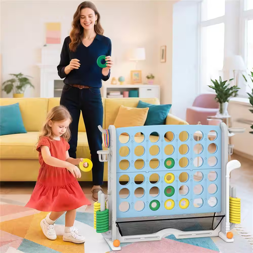 Giant 4-In-A-Row Game Set with Ring-Toss, Basketball Hoop, Golf Club and Cup Hol
