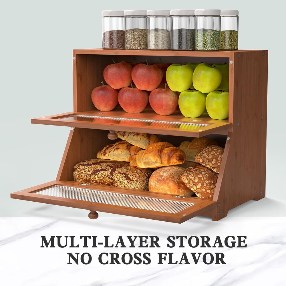 Double Layer Bamboo Bread Box for Kitchen Counter-Large Capacity Brown