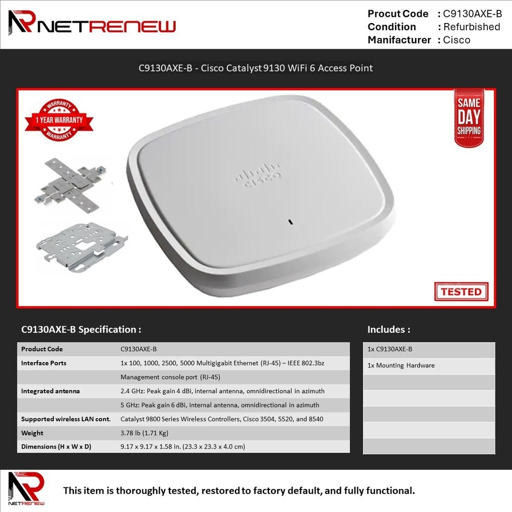 Cisco Catalyst C9130AXE-B Wireless 9130AXE Wi- Fi 6 Access Point