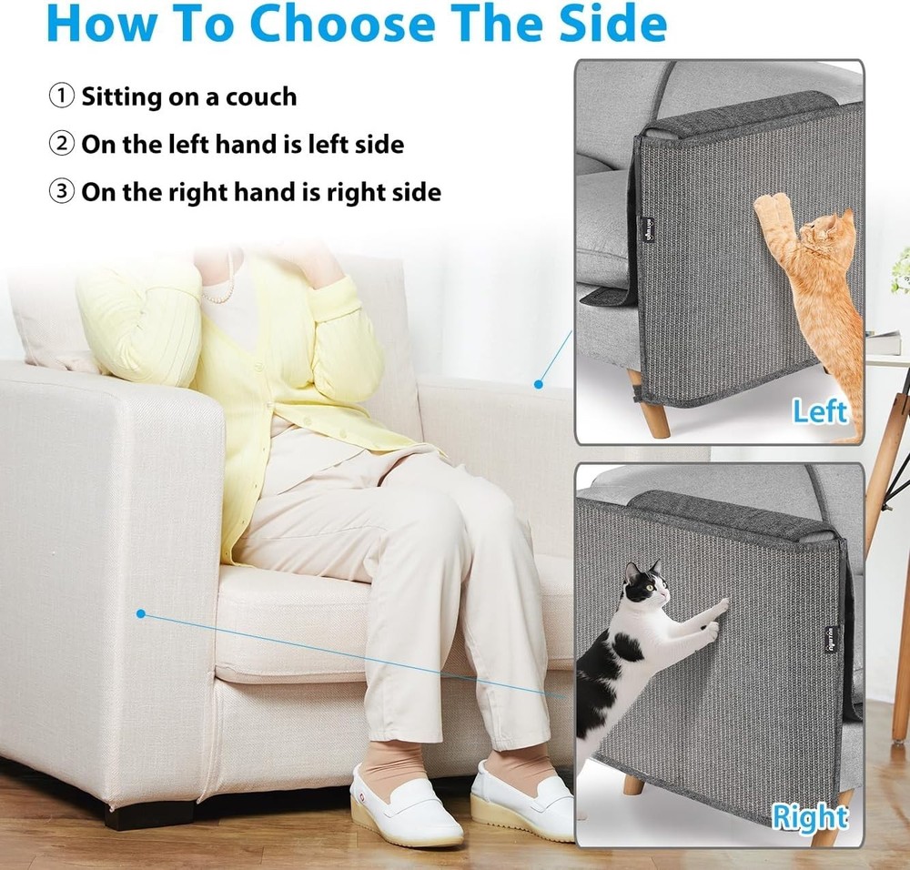 All Gray Cat Scratch Protector - Large Sisal Sofa Arm Shield for Right Side
