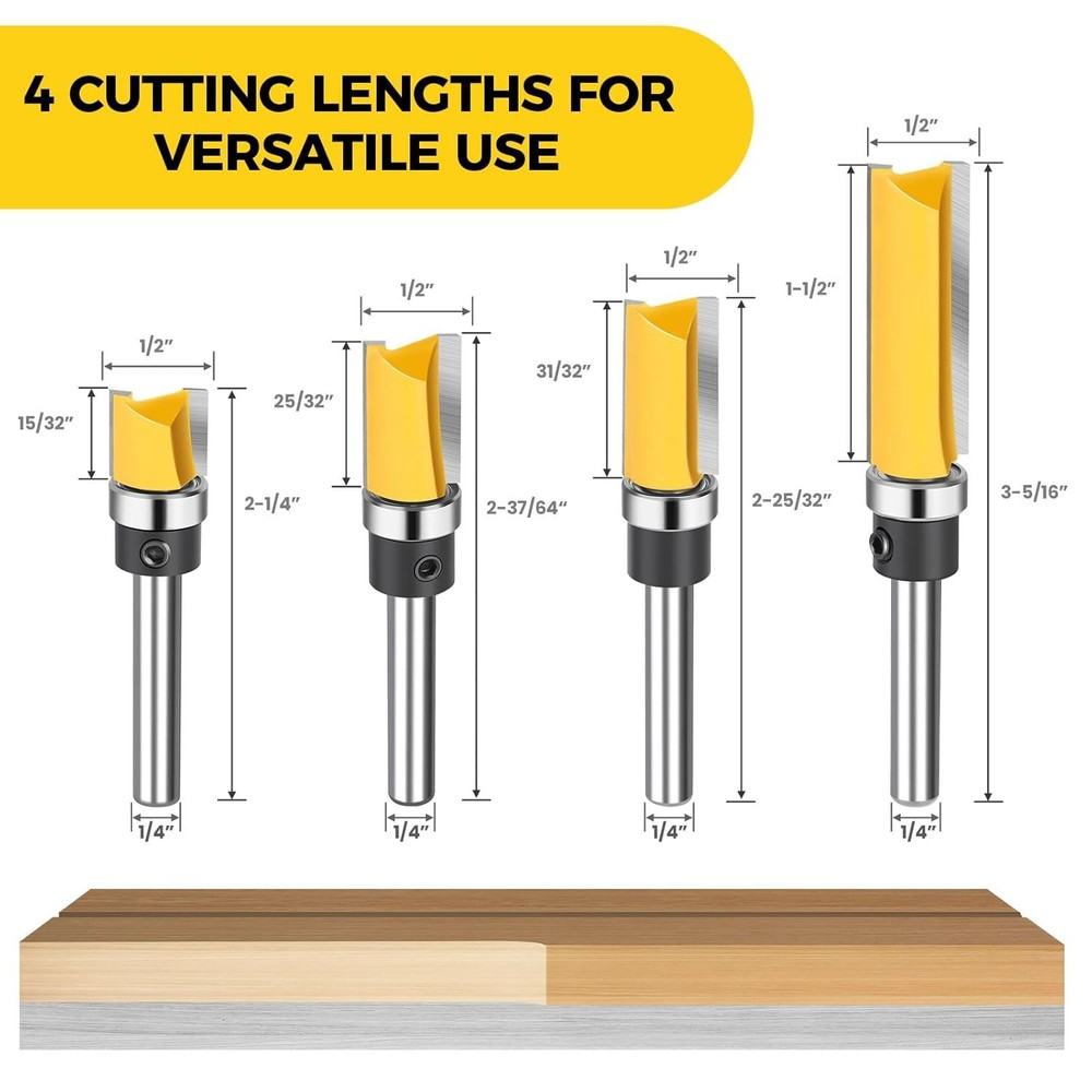 4 Pc Flush Trim Router Bit with Bearing