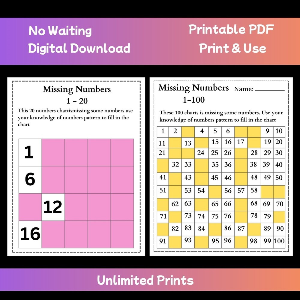 Missing Numbers Worksheets Printable | Math Practice | Digital Download