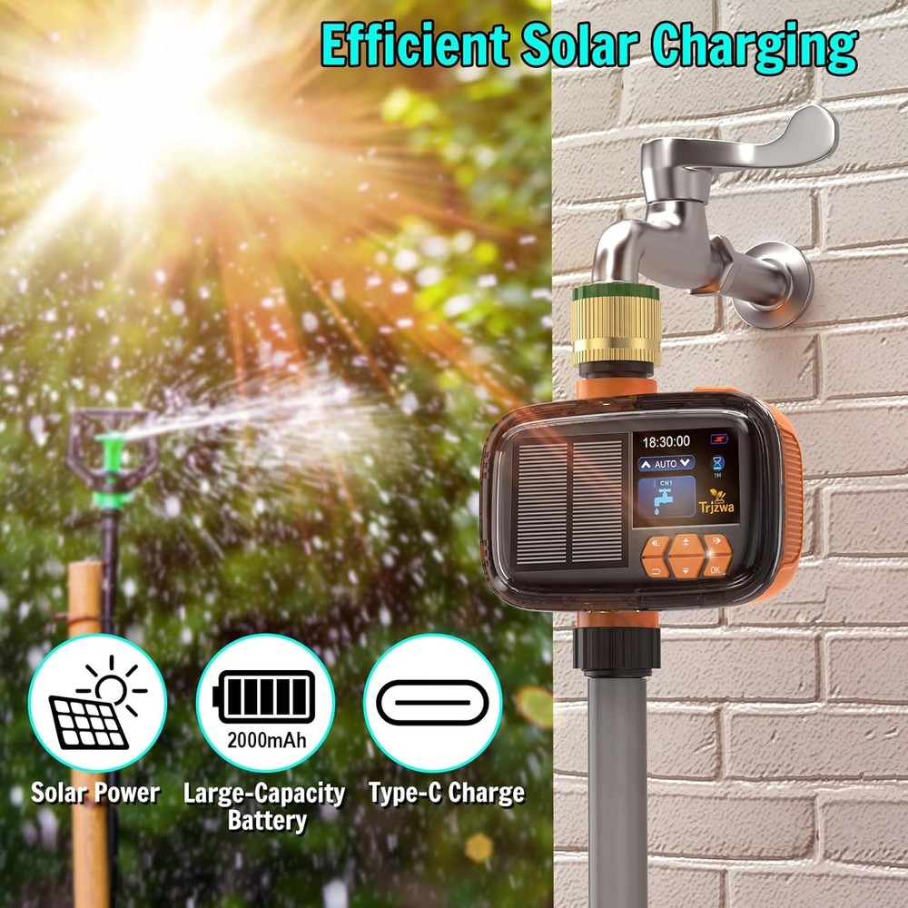 Solar Sprinkler Timer, USB-C Charging Irrigation System 2000mAh for Yard/Garden