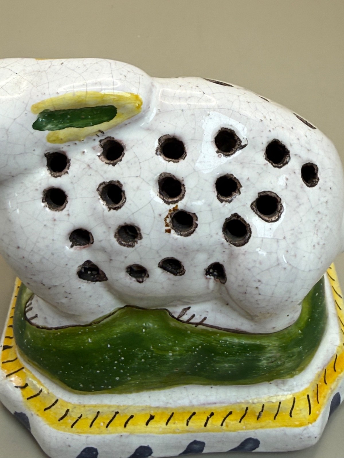 From Portugal Vintage Ceramic Pomander Potpourri White Bunny Rabbit signed H. J.