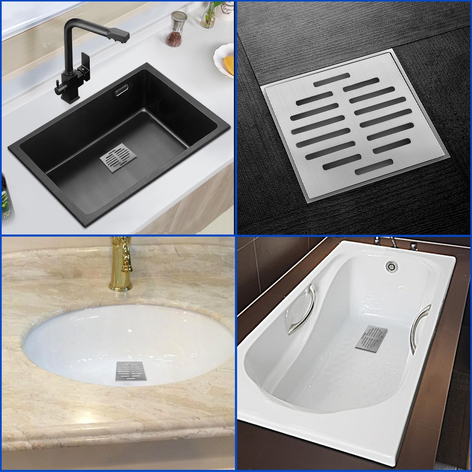 Stainless Steel Square Floor Drain Cover 6 Inch 14 Holes Silver Tone