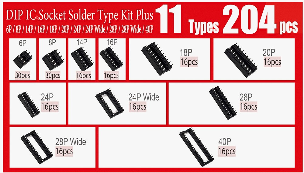204pcs 11 Types DIP IC Socket Kit 2.54mm (204pcs/11Types)