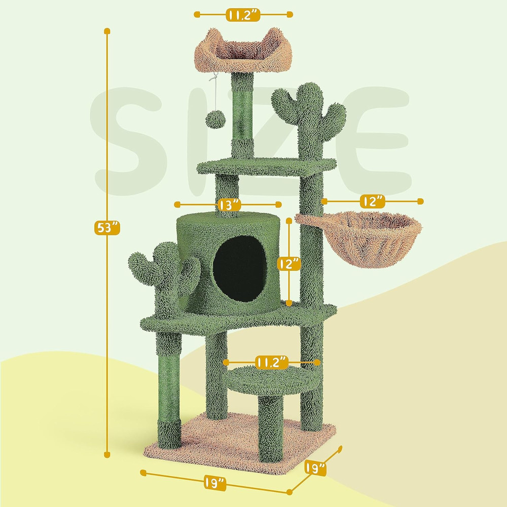 Cactus Cat Tree Tower - 53.5" Multi-Level Playhouse with Scratching Post & Perch