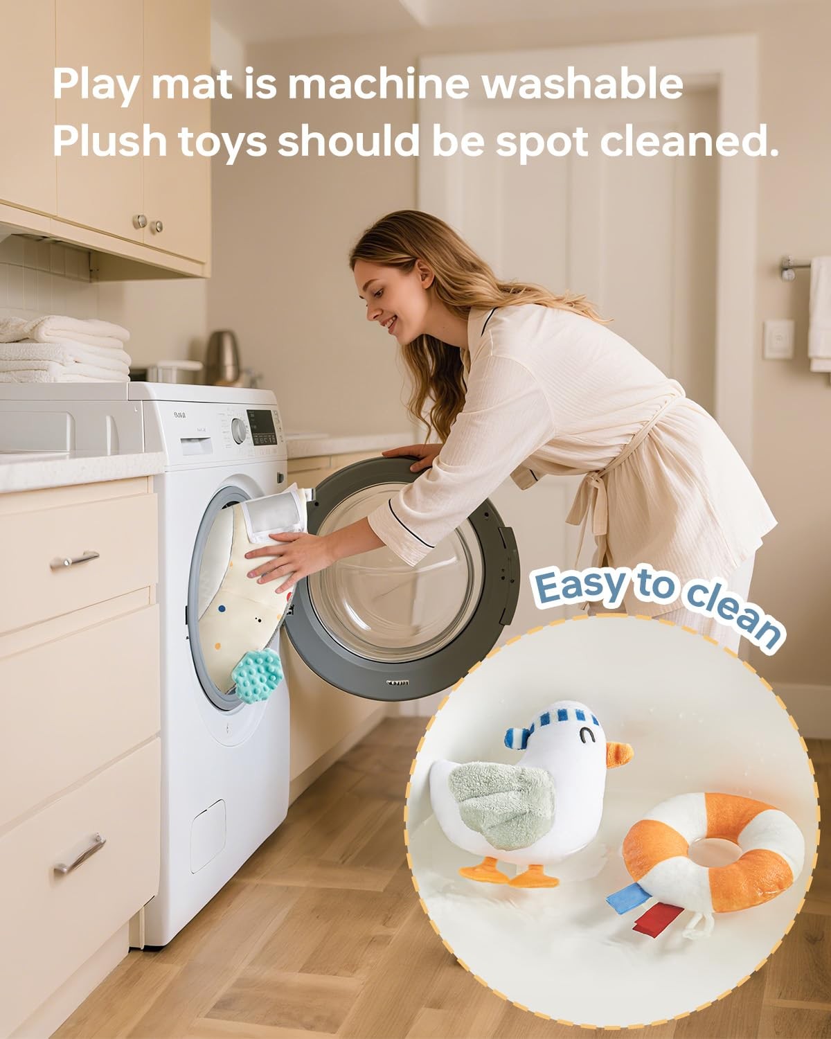 Baby Play Gym Activity Mat, 5 Developmental Zones Wooden Tummy Time Mat with ...