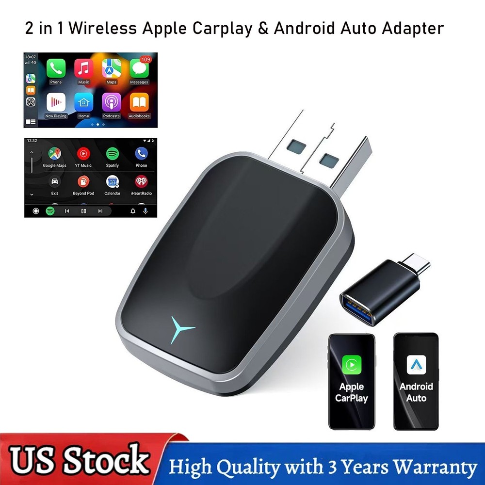 2 in 1 Car Auto Wireless Apple Carplay & Android Auto USB Adapter Plug & Play