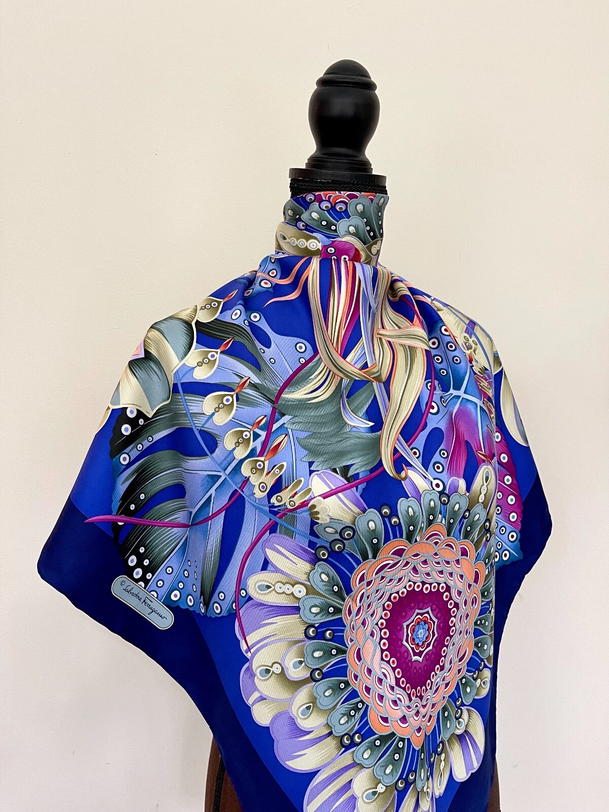Salvatore Ferragamo Square Scarf Floral Print Blue Green Pink Purple Silk Wrap