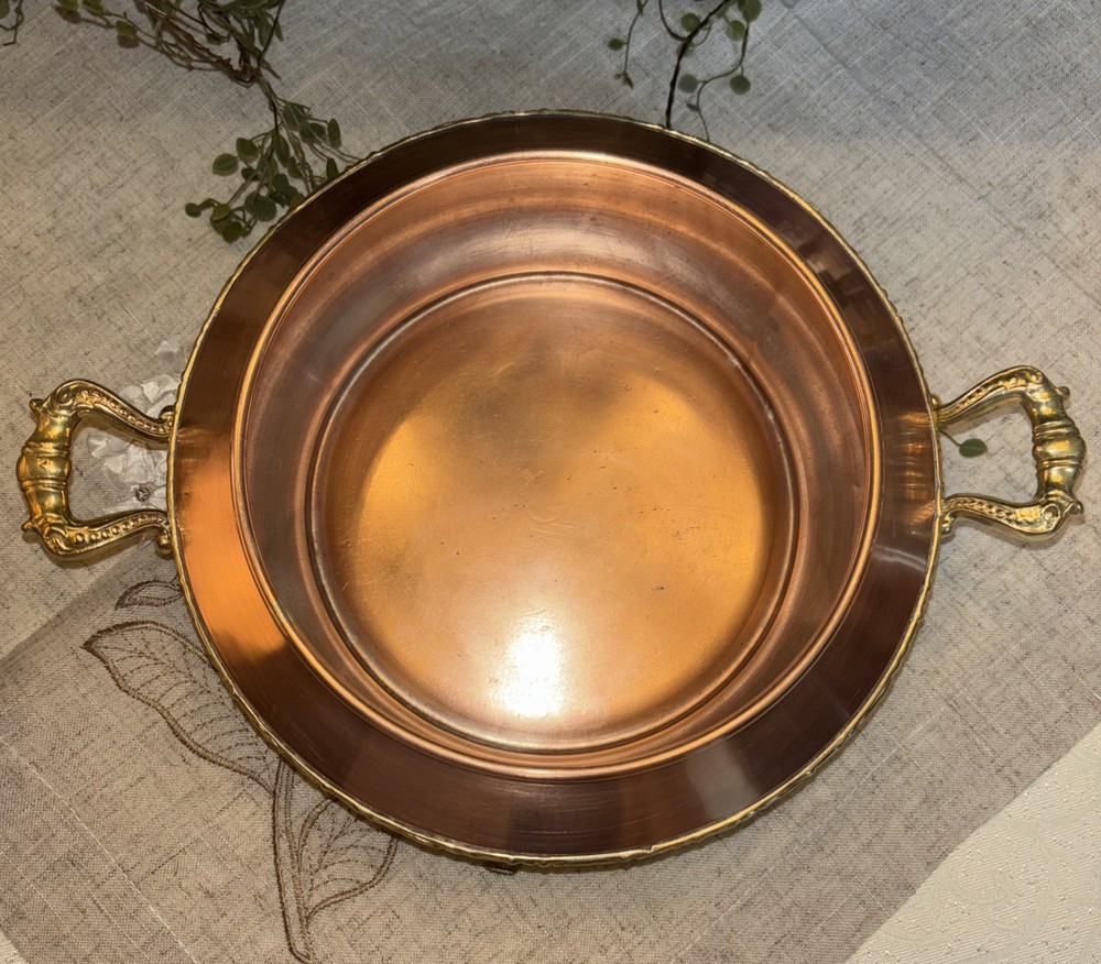Solid Copper Serving Dish w/ Brass Pinecone Finial/Handles~Preowned