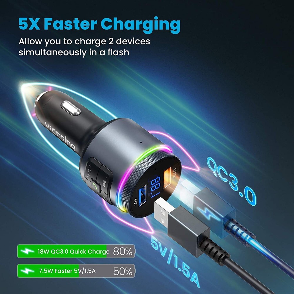 Bluetooth 5.0 Car Wireless FM Transmitter Adapter 2USB PD Charger AUX Hands-Free