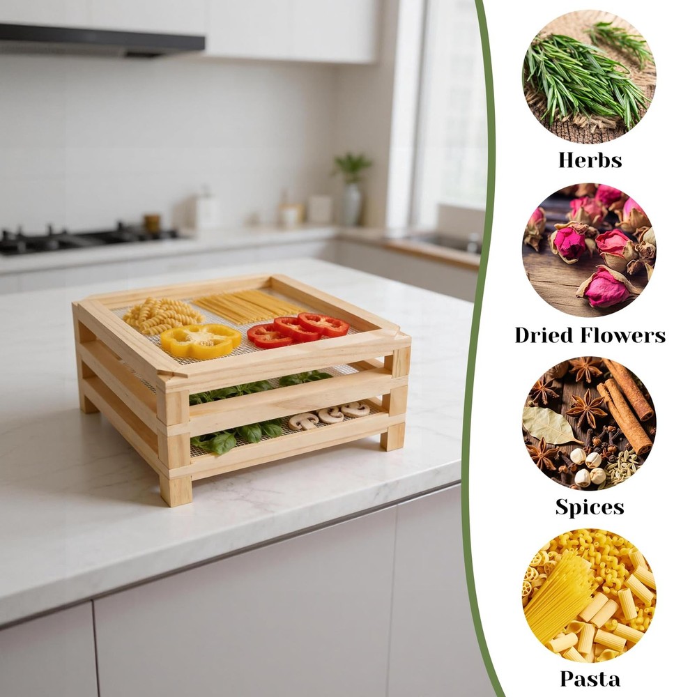 11.8 Inch Square Wooden Desktop Herb Drying Rack Mesh NoDrill Stackable