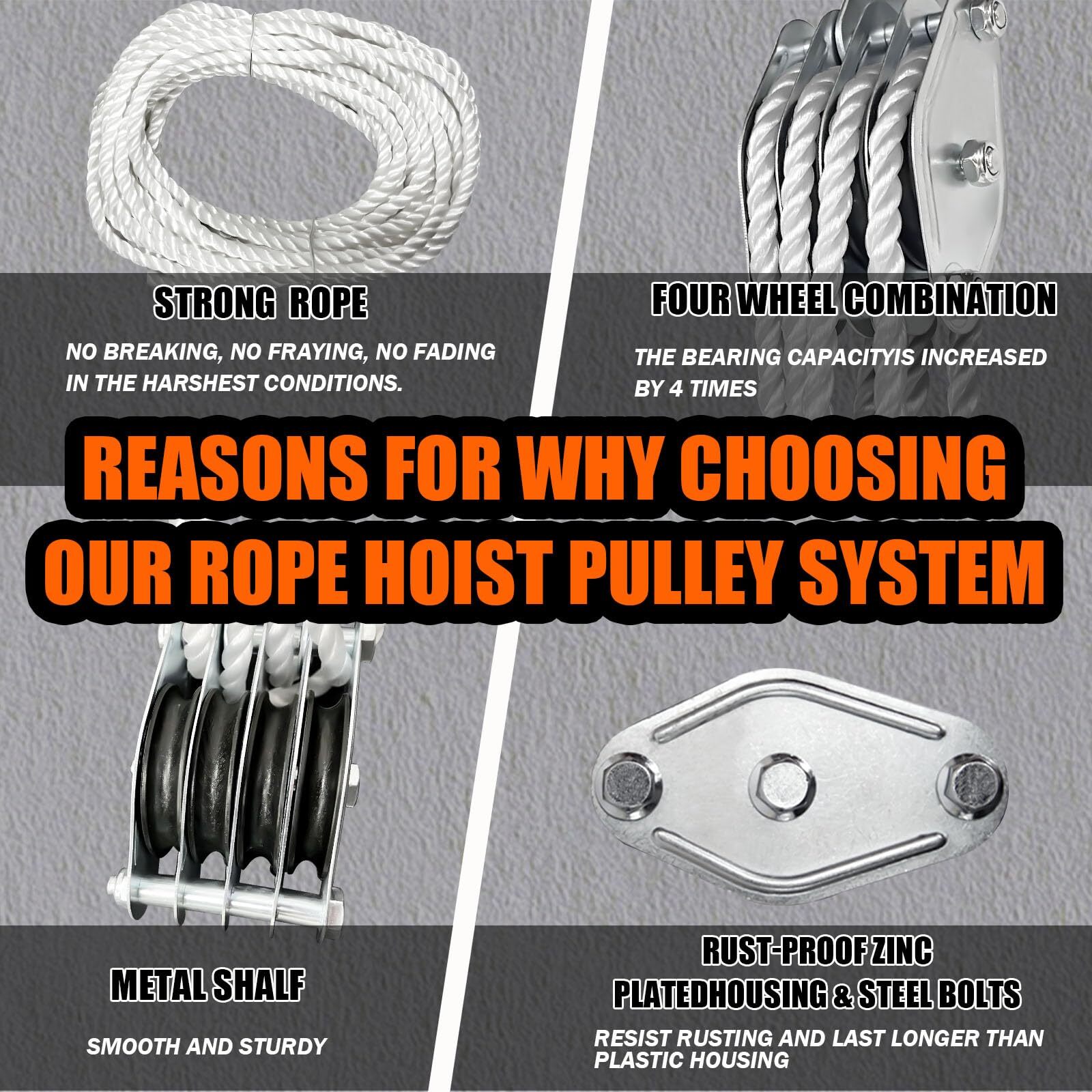 Rope Pulley Hoist 4400 LB, 8:1 Lifting Power Pulley Block and Tackle System