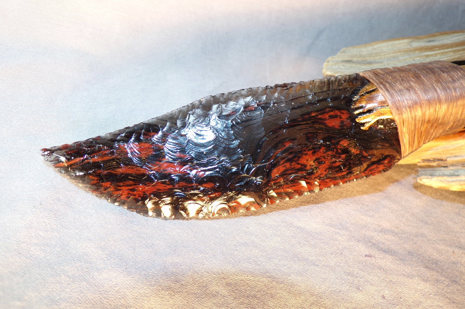 Triple Flow Obsidian Bowie Knife w Cholla Cactus Wood Handle Flint Knapping COA