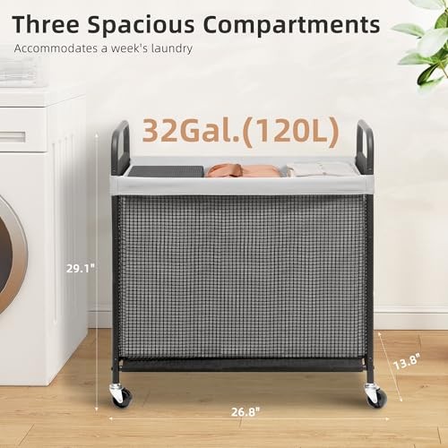 Rolling Laundry Hamper with Wheels Laundry Sorter Rolling 3-Section Grey