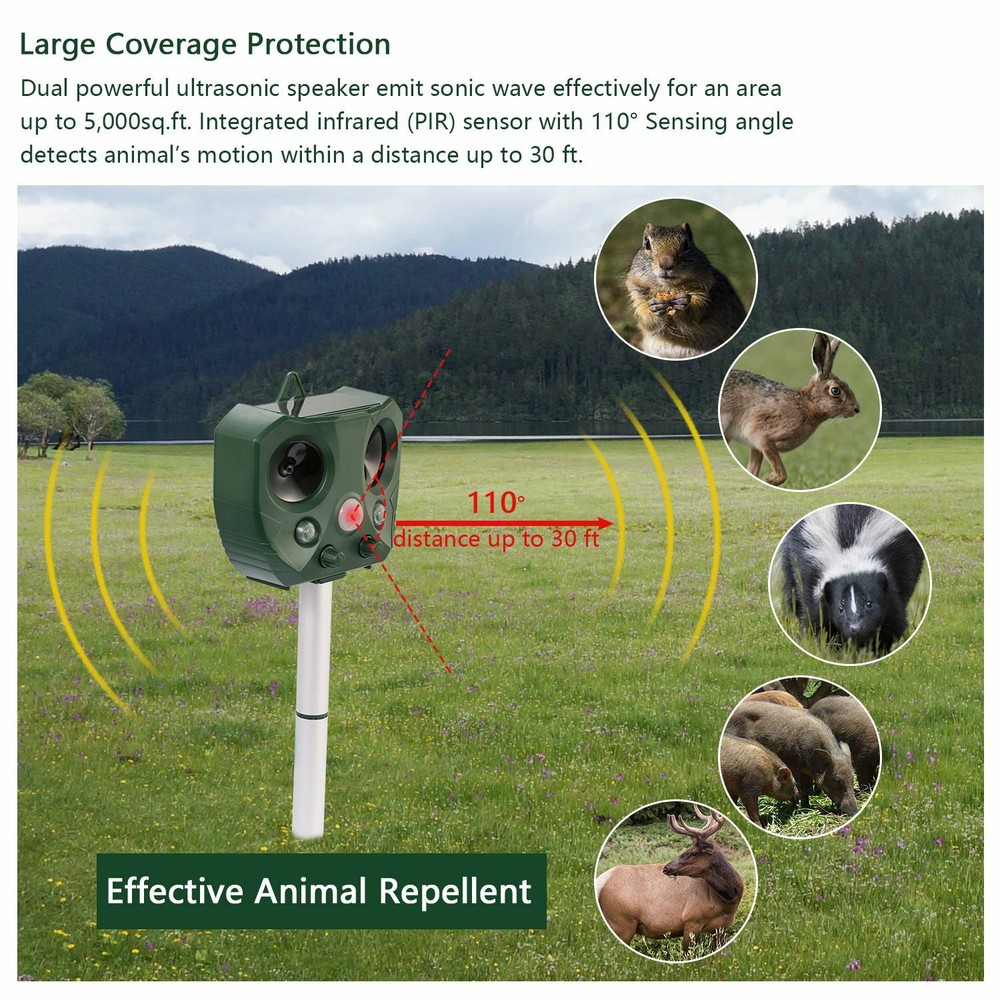 2Pack Solar 360°Ultrasonic Animal Repeller with Motion Sensor &Flashing Light