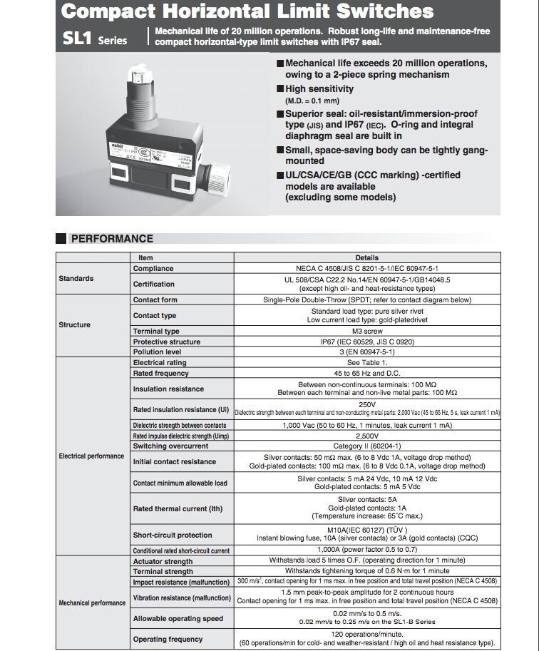 Yamatake / Azbil SL1-H Limit Switch / Micro Switch with Plunger Type