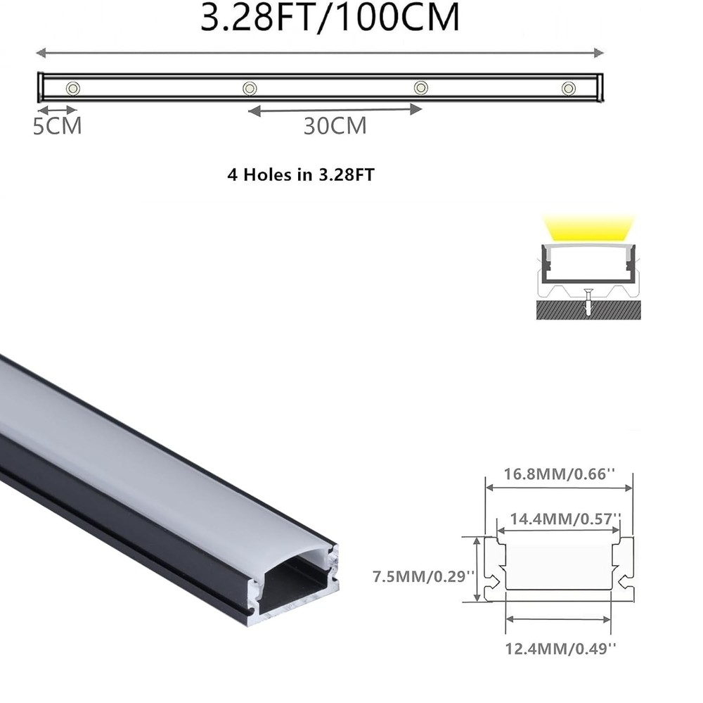 20-Pack 3.28FT Pre-Drilled Countersunk Hole LED Strip U Channel Diffuser,Matte B