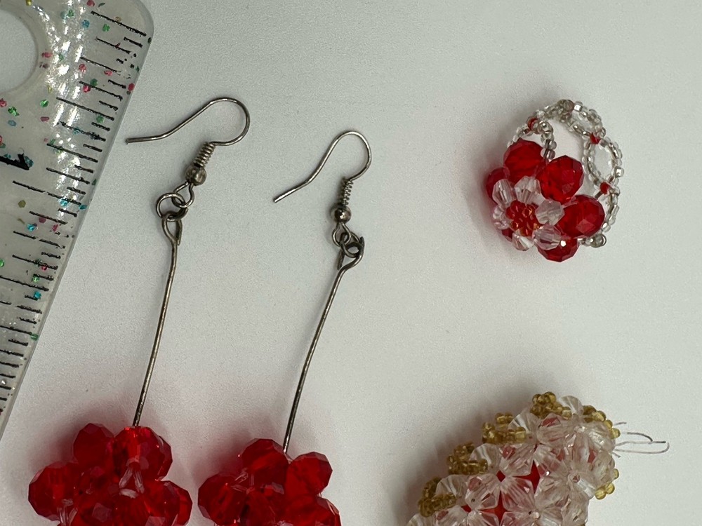 Handcrafted Red Beaded Earrings & Ring