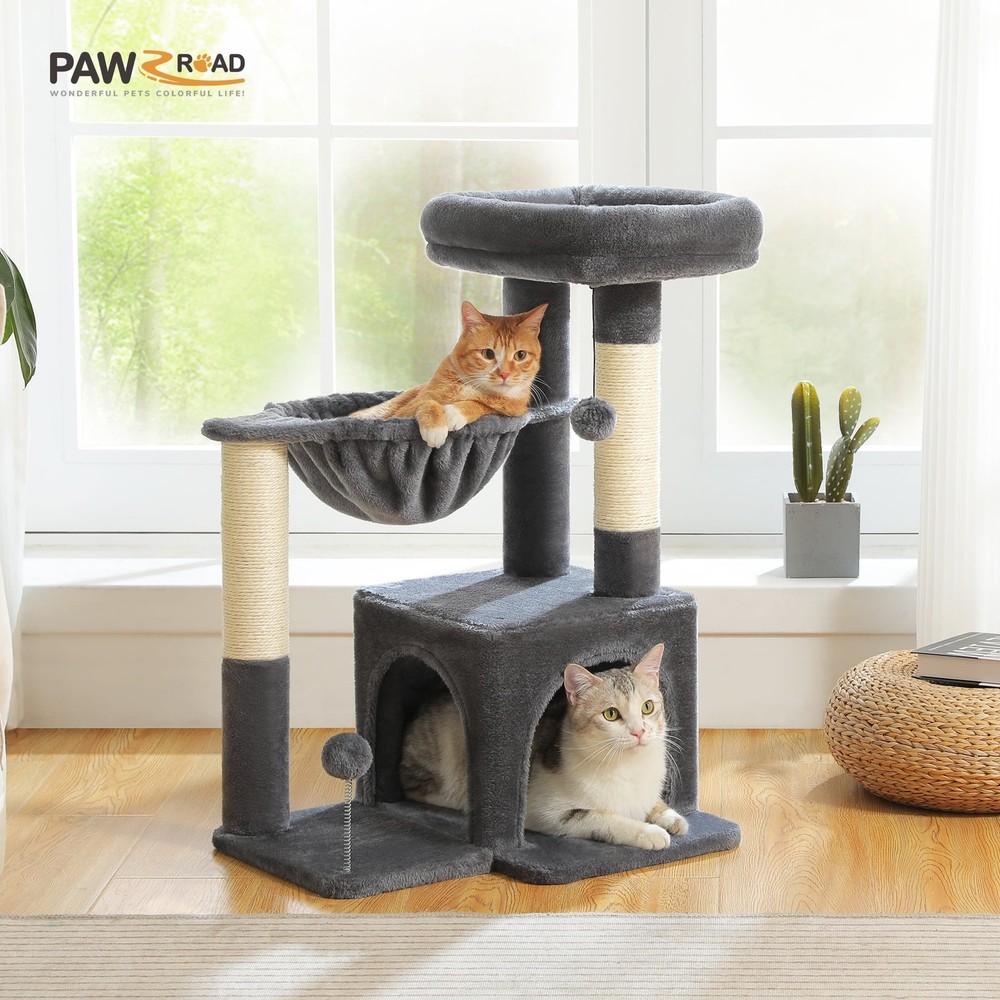 29.5" Cat Tree Tower w Hammock Top Perch & Sisal Scratching Posts Dark Gray