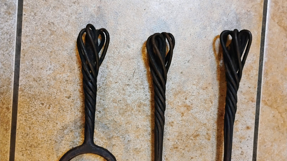 Antique Primitive Wrought Iron Fireplace Tool Set