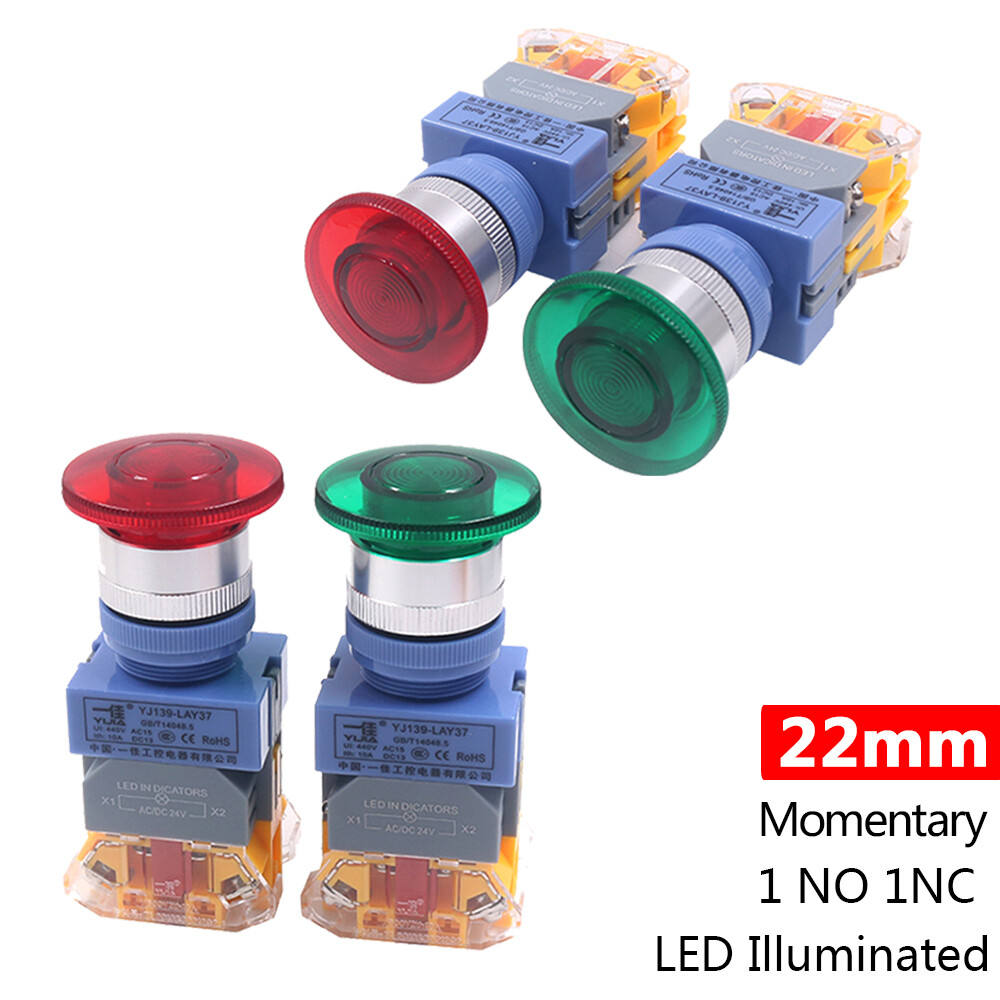 22mm Mushroom Head Switch Momentary Push Button Switch LED Illuminated Green Red