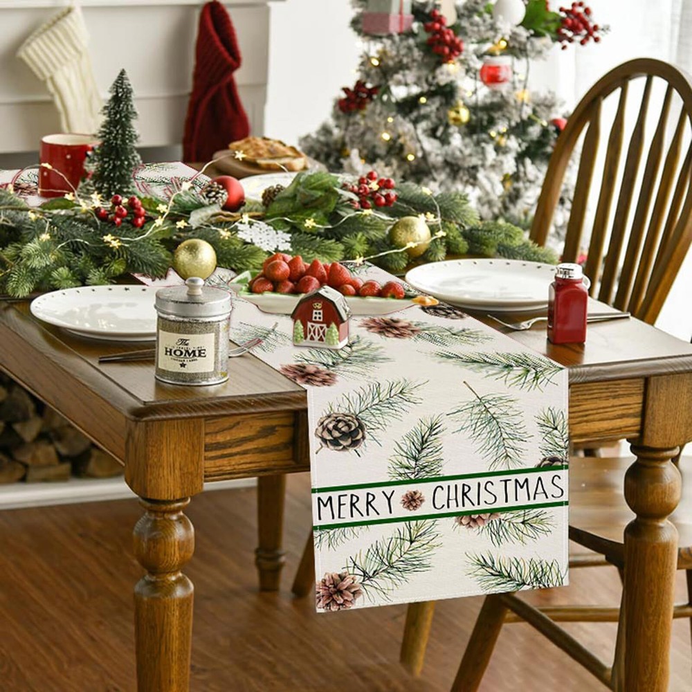 Pine Cones Christmas Table Runner 13x72 Inch Winter Pinecone Branches Merry C...
