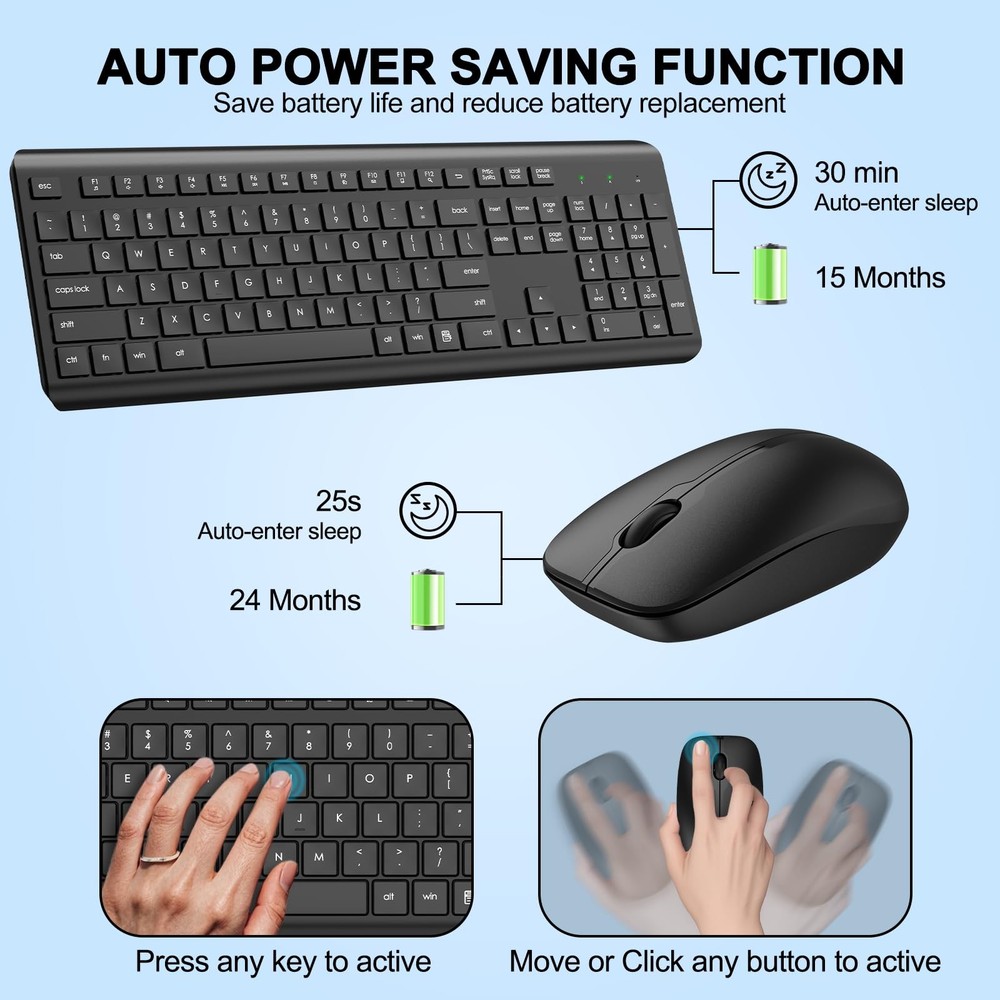 Wireless Keyboard Mouse Combo Full Size Silent Ergonomic Optical 2.4G PC Mac