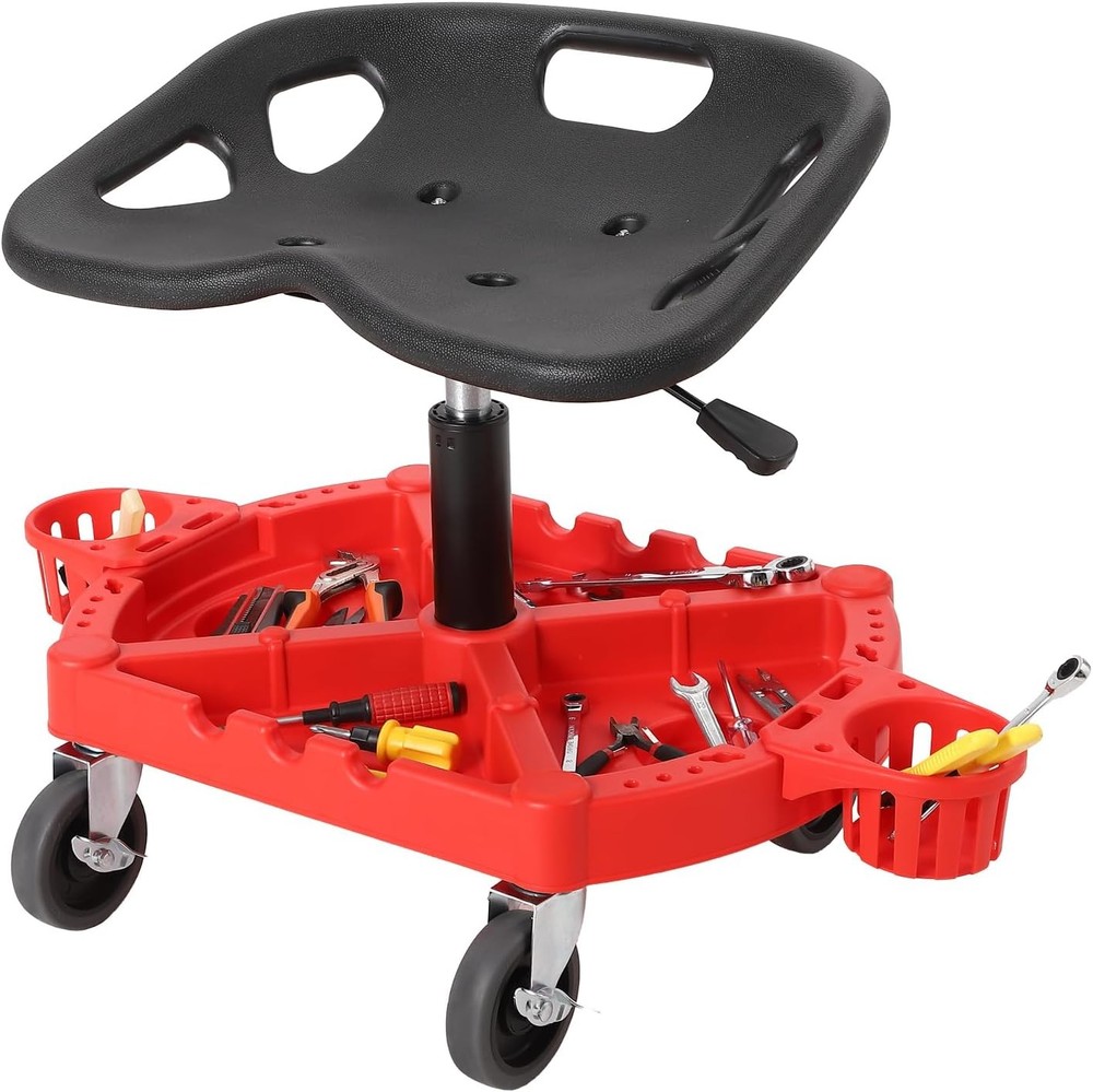 Adjustable Rolling Mechanic Stool w/ Tool Tray & Locking Wheels–300 lbs Capacity