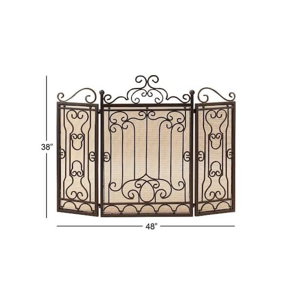 Brown Metal Scroll Foldable Mesh Netting 3 Panel Fireplace Screen 38" X 48"