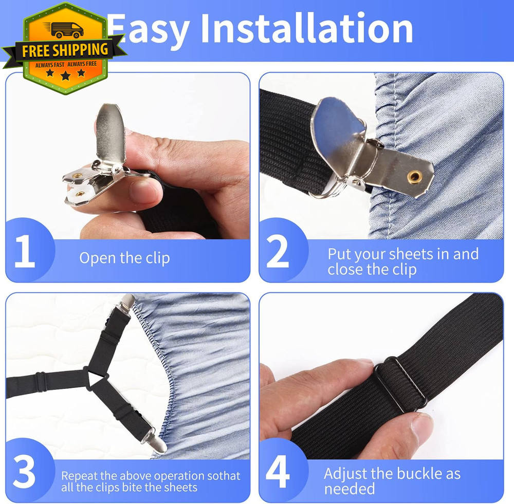Bed Sheet Holder Straps Adjustable Elastic Clips Keep Sheets Tight 4PCS