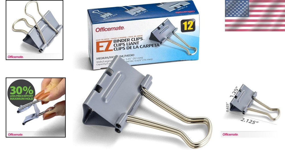EZ Binder Clips - 12 Count Medium Gray Clips for Quick and Secure Organization
