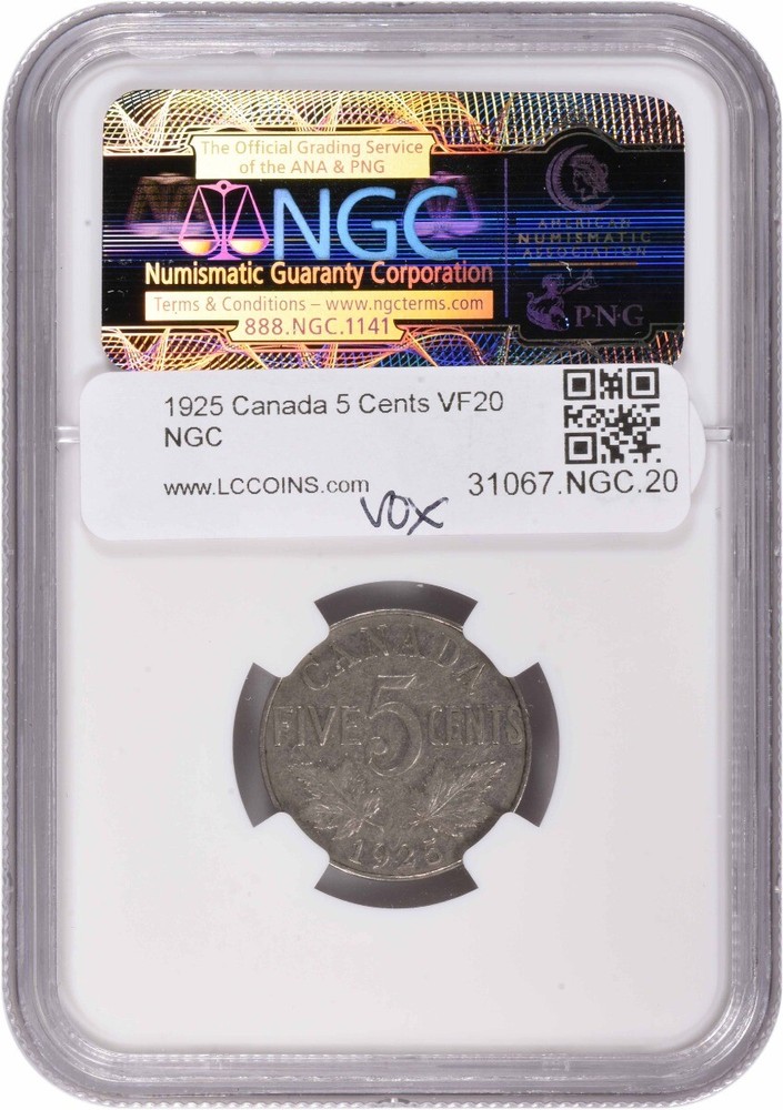 1925 Canada 5 Cents KM29 VF20 NGC
