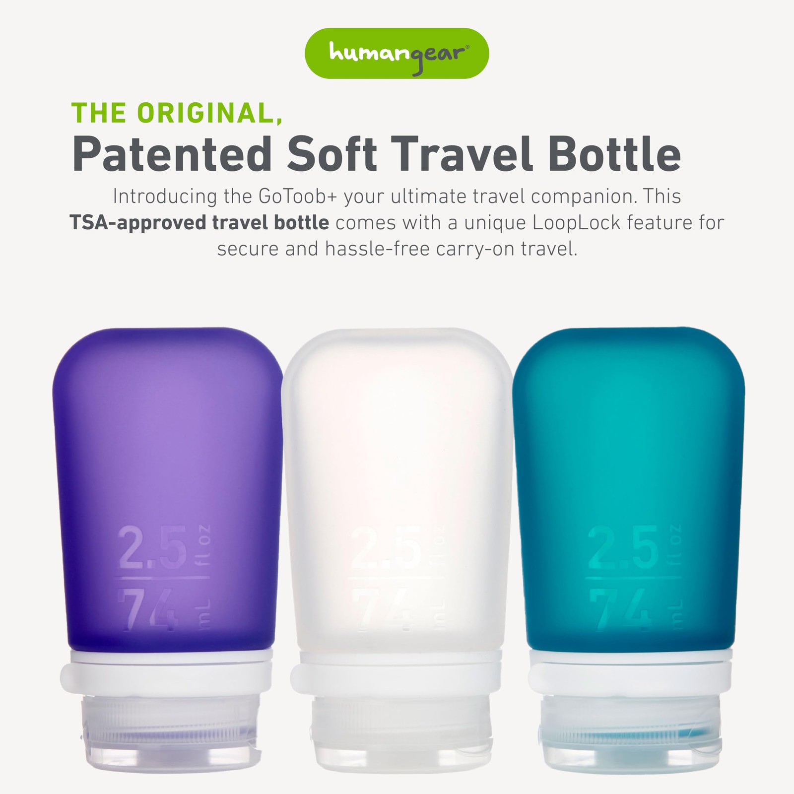 humangear GoToob+ 3-Pack (Medium) | Refillable Silicone Travel Bottle | Locking
