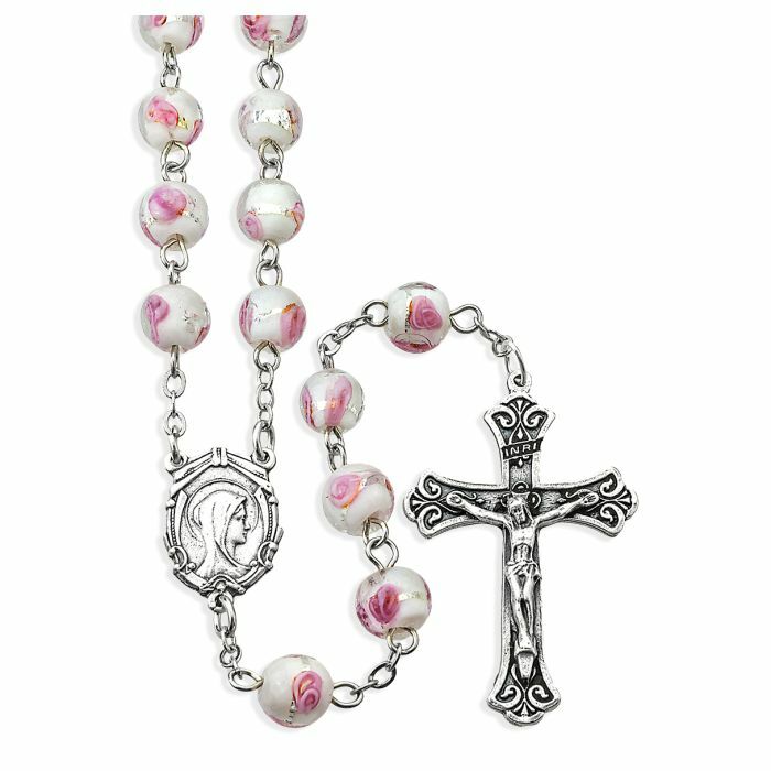 Pink Venetian Glass Encased Rose Bead Rosary