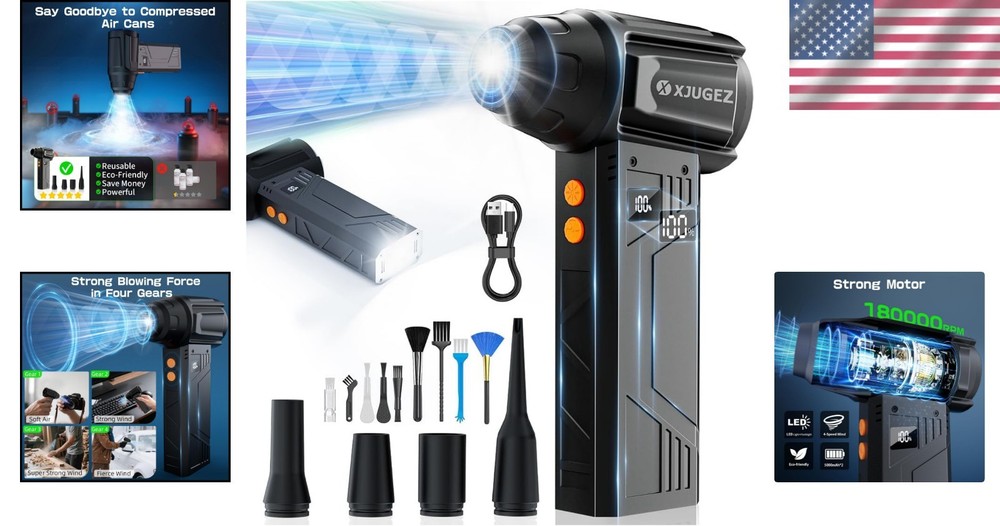 Compact Compressed Air Duster - 4 Adjustable Levels & LED Light for All Surfaces
