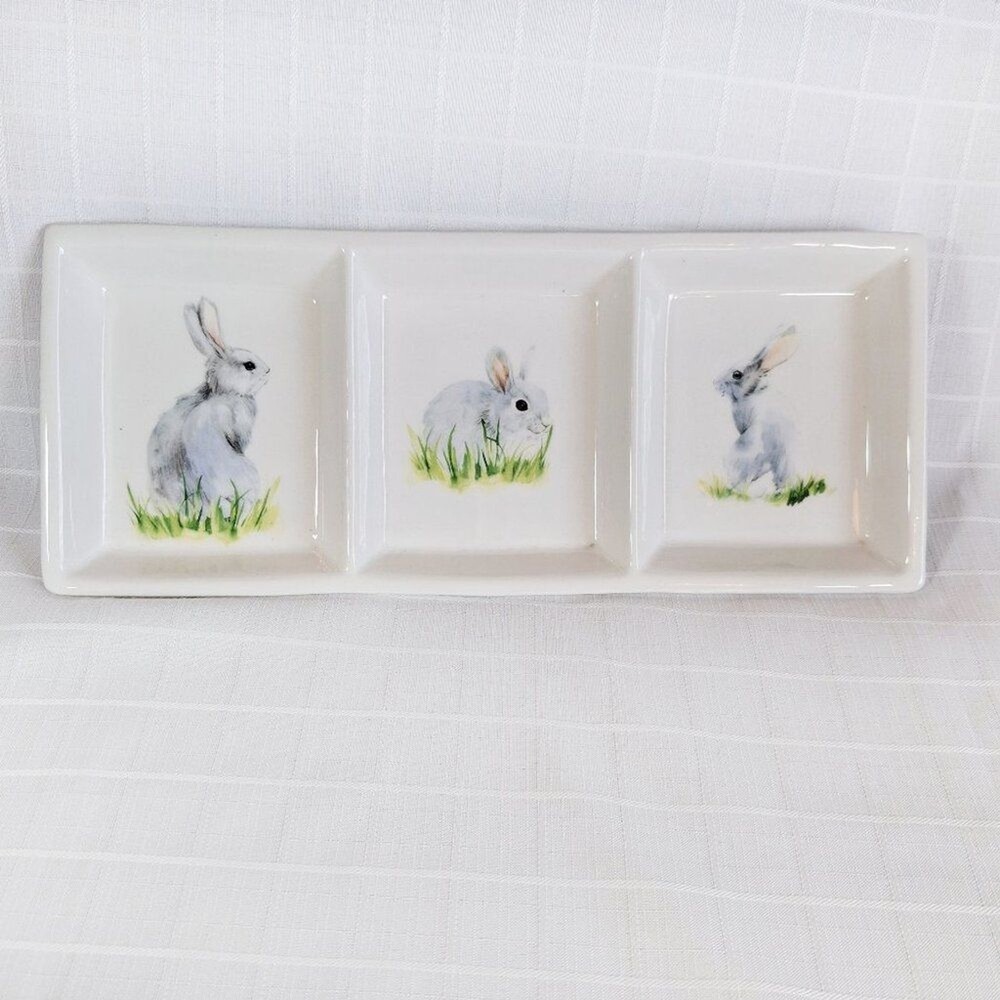 3 Compartment Ceramic Bunny Serving Dish Candy Appetizer 14.5" x 6"