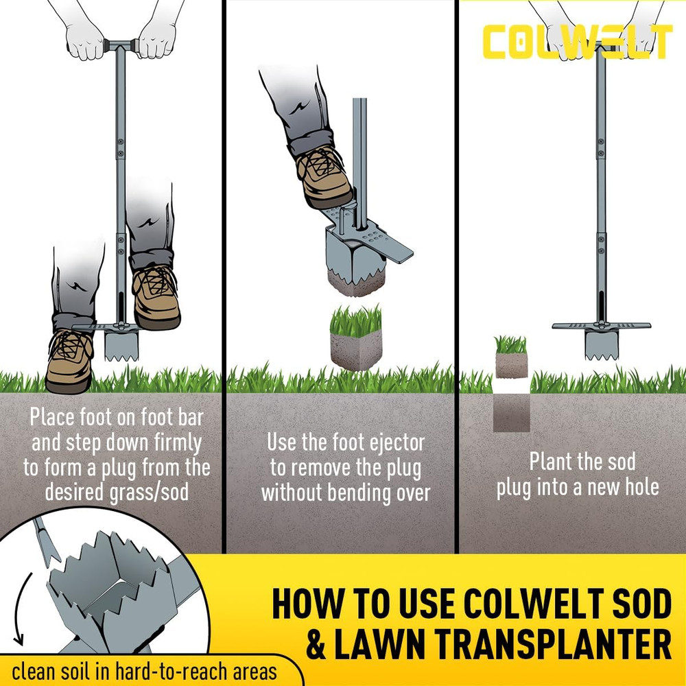 Sod Plugger Tool 36-INCH, Grass Plug Tool 3 X 3 Square with Serrated Base, Bulb