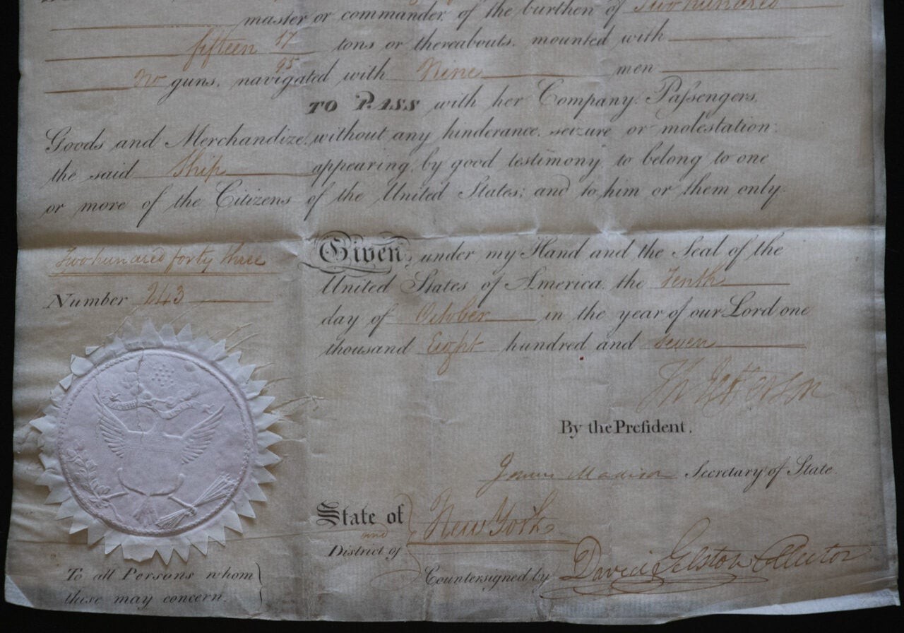 1807 Thomas Jefferson & James Madison Signed Ship’s Papers Barbary Pirates