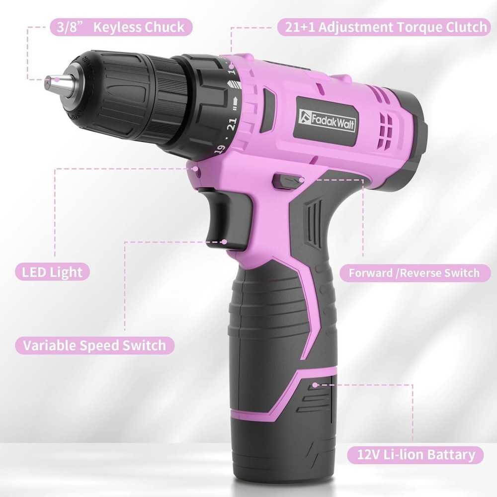 High-Performance 12V Pink Drill Set with Keyless Chuck - Versatile for Home Use